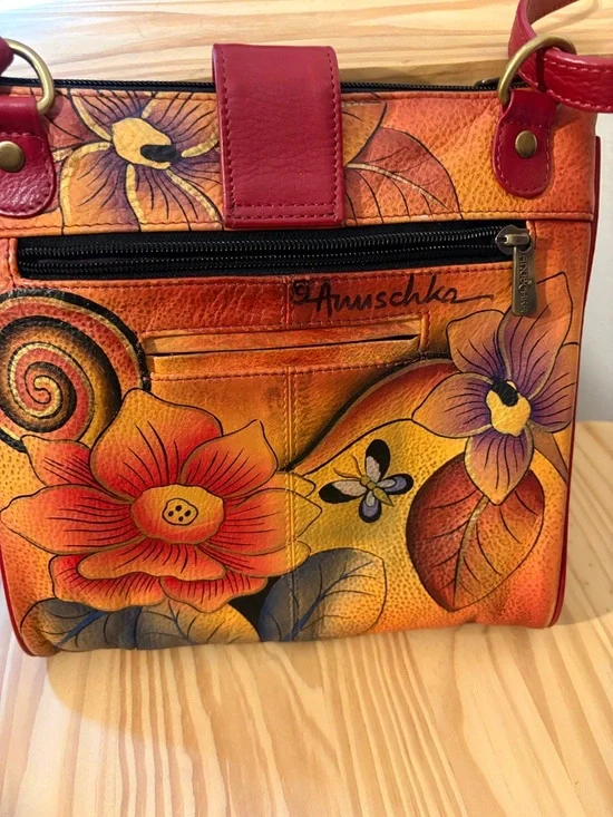 Anuschka Leather Floral Painted Red Crossbody Bag - Picture 3 of 10